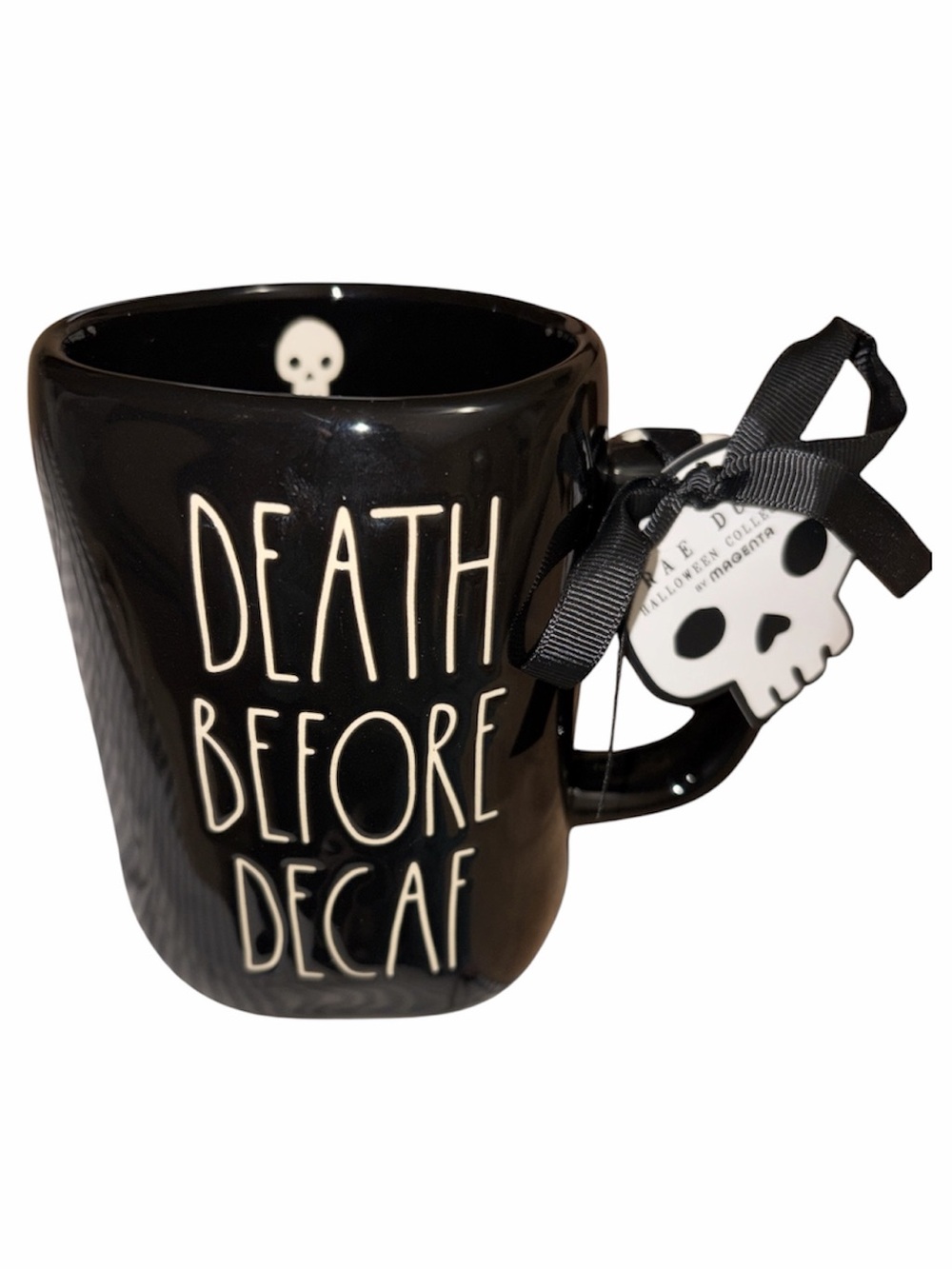 Rae Dunn ‘Death Before Decaf’ Mug with Skull and Bones Accent NWT